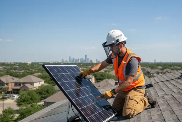Technician in safety gear professionally removing a solar panel from a residential roof in Dallas.