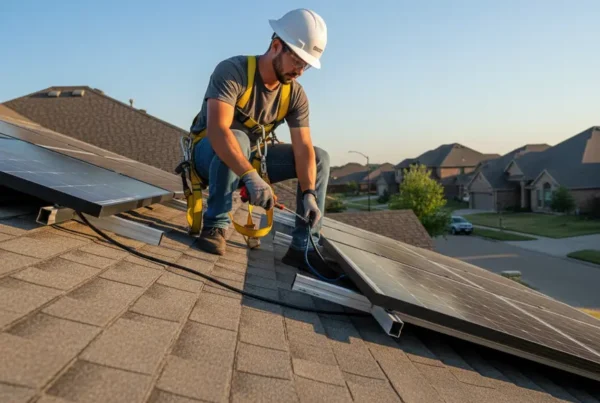 Technician in safety gear performing solar panel removal on a residential roof for inspection.
