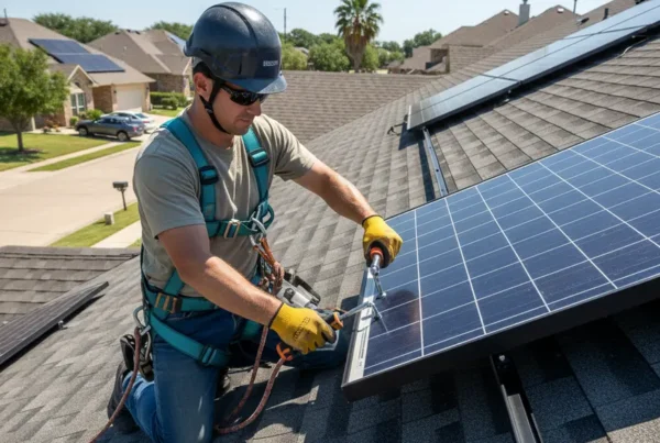 Technician in safety gear carefully removing a solar panel from a residential roof.