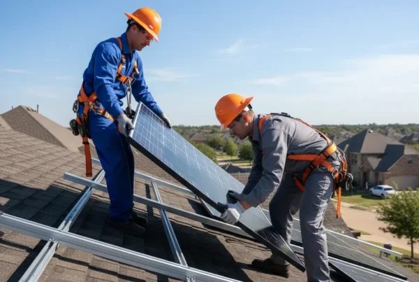 Two professional technicians carefully removing solar panels from a residential roof in Carrollton, Texas.