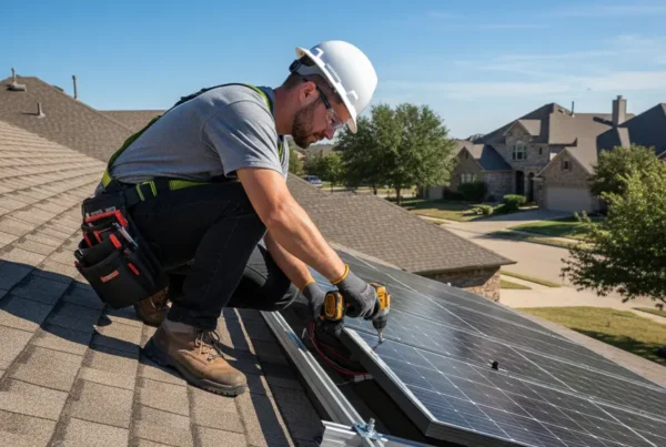 Technician in safety gear performing a professional solar panel removal on a residential roof.