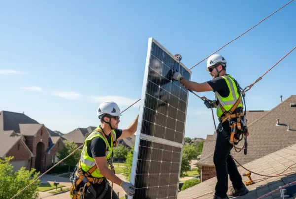 Certified technicians safely performing a professional solar panel removal on a residential roof.