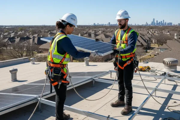 Two licensed electricians safely performing a temporary solar panel removal on a residential rooftop.