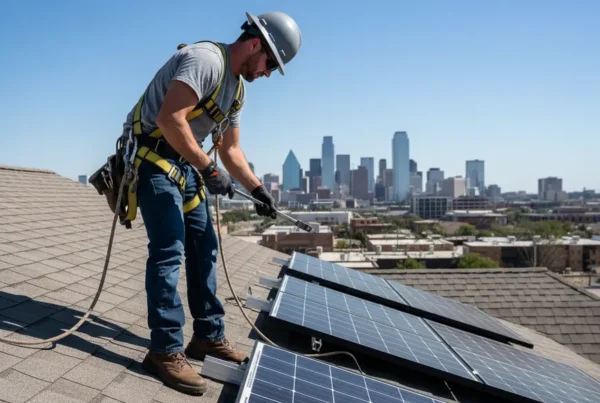 Certified electrician safely performing solar panel removal on a residential roof in Dallas.