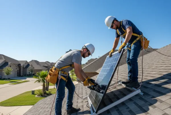 Professional technicians safely removing solar panels from a residential roof in Euless, Texas.