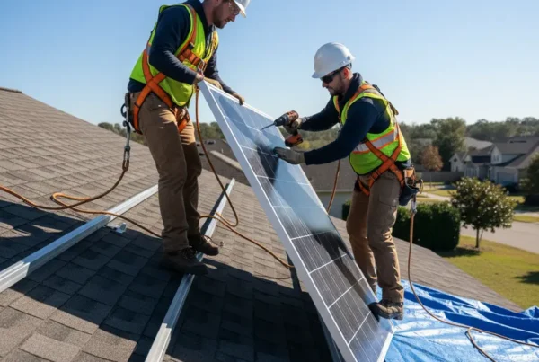 Two technicians in safety gear carefully removing a solar panel from a residential roof.