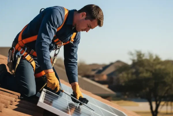 Licensed electrician safely performing solar panel removal on a residential roof in Texas.