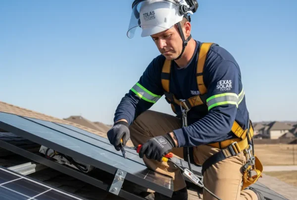 Licensed electrician safely performing solar panel removal on a residential roof in Texas.