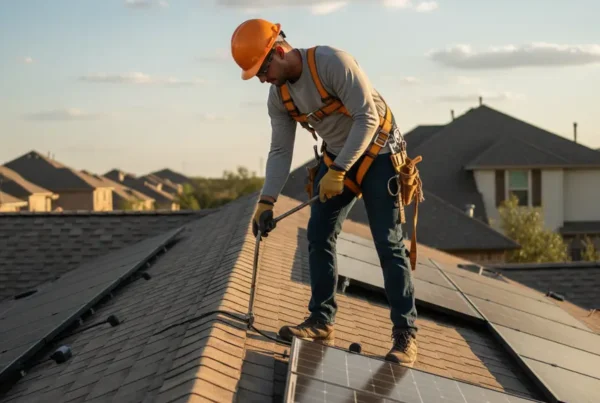 Technician in safety gear performing professional solar panel removal on a residential Texas roof.