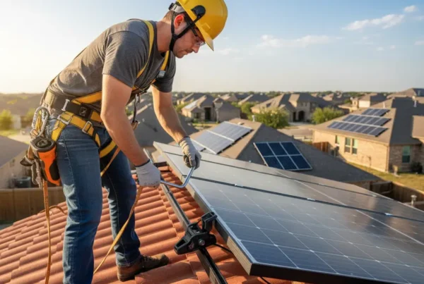 A certified technician carefully removing a solar panel from a residential rooftop in Texas.