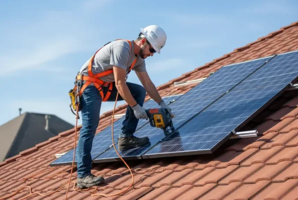 Licensed electrician in safety gear performing professional solar panel removal on a Texas rooftop.