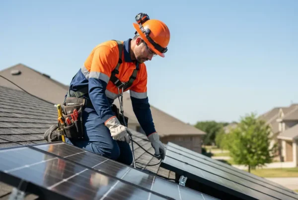 A certified technician carefully performing a professional solar panel removal on a residential roof.