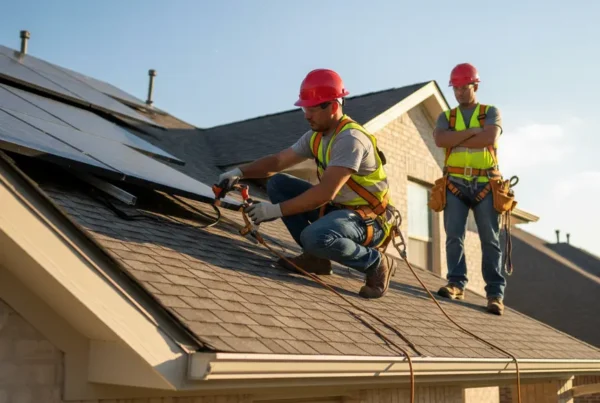 Certified technician safely removing solar panels on a Texas roof while a roofer watches.