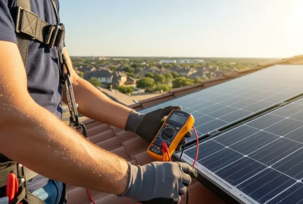 Technician testing a reinstalled solar panel on a sunny Texas rooftop with a multimeter.