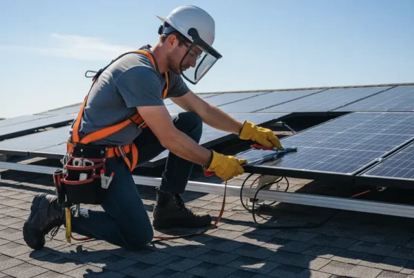 Licensed electrician carefully removing a solar panel from a residential roof in Plano, Texas.