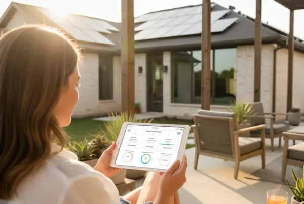 Homeowner reviewing solar panel production data on a tablet with their house in the background.