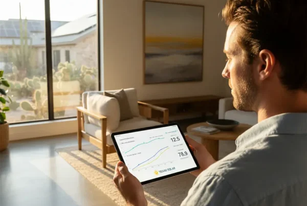 A homeowner in Richardson, TX reviewing solar panel production data on a tablet.