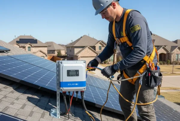 Electrician on a rooftop safely reconnecting a residential solar panel system to the grid.