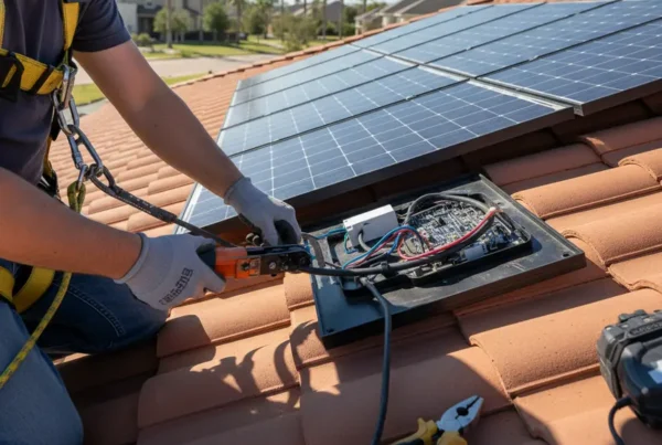 An electrician safely reconnecting a solar panel on a residential roof in Lewisville, Texas.