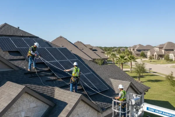 Technicians safely removing solar panels from a residential roof before a roof replacement.