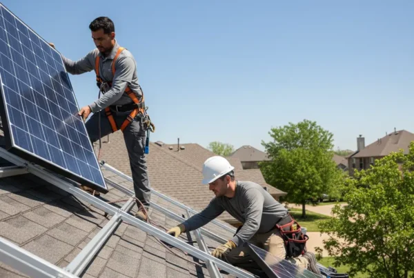 Technicians working together to replace a roof with solar panels on a Dallas home.