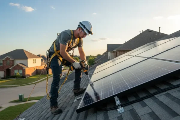 Technician in safety gear installing solar panels on a Texas home's composition shingle roof.