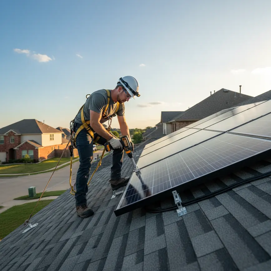 Technician in safety gear installing solar panels on a Texas home's composition shingle roof.