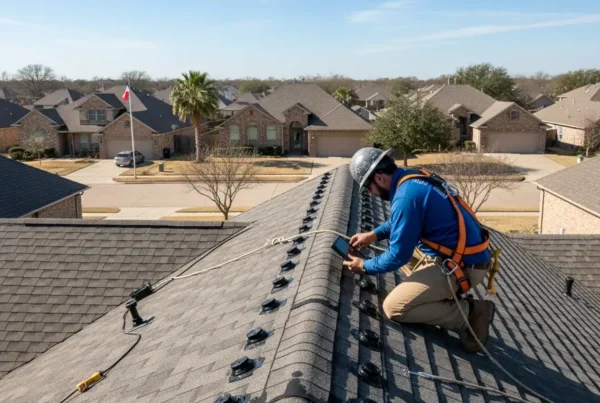 Technician inspecting a Texas roof after professional solar panel removal.