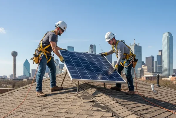 Technicians safely removing solar panels from a Dallas home for roof repair.