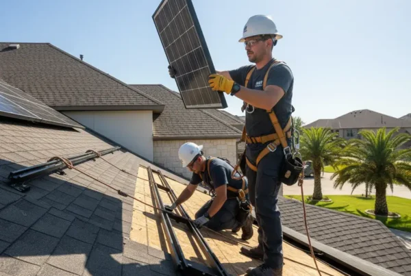 Technician performing roof repair by safely removing solar panels on a Frisco, TX home.