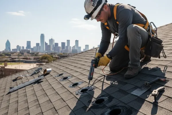 Professional roofer repairing an asphalt shingle roof after solar panel removal in DFW.