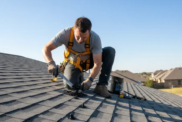 Technician performing roof repairs by sealing holes after solar panel removal in Texas.