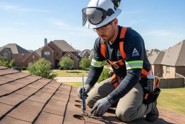Technician performing roof repairs by sealing holes after solar panel removal in Allen, TX.