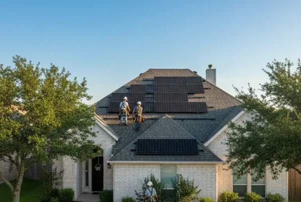 Technicians installing solar panels on a new roof on a sunny day in Murphy, Texas.
