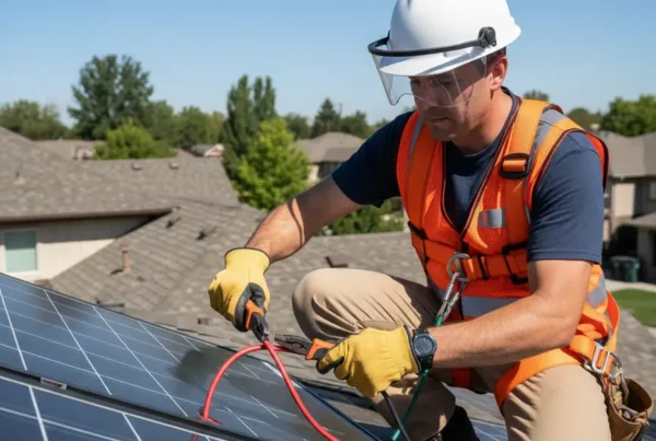 An electrician in full safety gear carefully removing a solar panel from a roof.