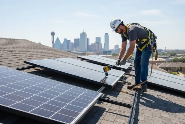 Professional technician safely performing solar panel removal on a residential roof in Dallas.