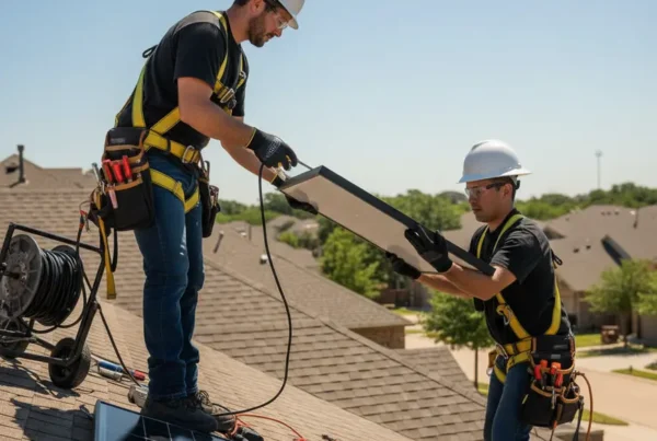 Certified electrician safely performing solar panel removal on a residential roof in Grapevine, TX.