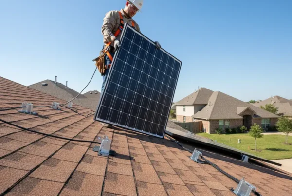 Certified technician safely performing solar panel removal on a residential roof in Richardson, Texas.