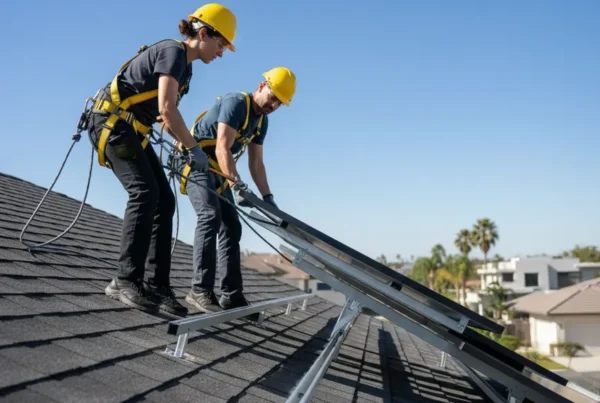 Technicians in safety gear performing solar panel removal on a residential roof in Texas.
