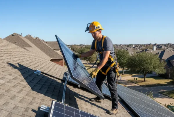 Technician in full safety gear carefully performing solar panel removal on a residential roof.