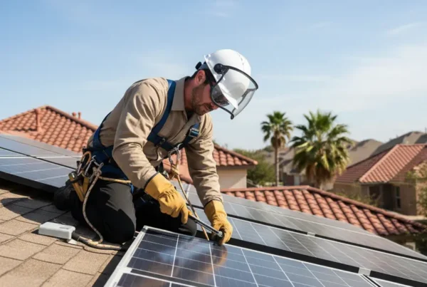 An electrician in full safety gear carefully removing solar panels from a roof.
