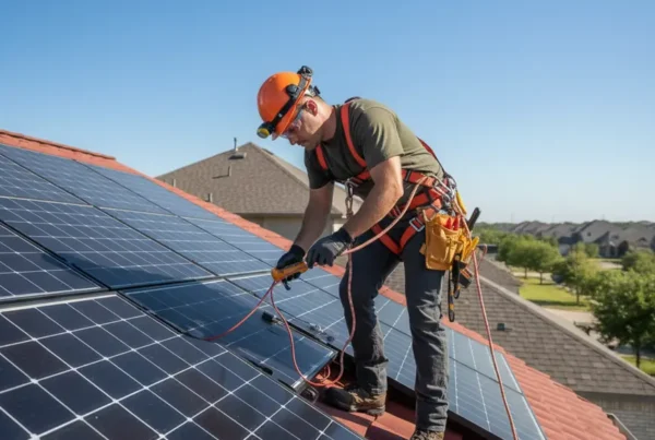 Technician in full safety gear working on solar panels on a residential Texas roof.