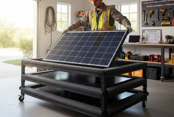 A certified technician carefully placing a solar panel onto a secure storage rack.
