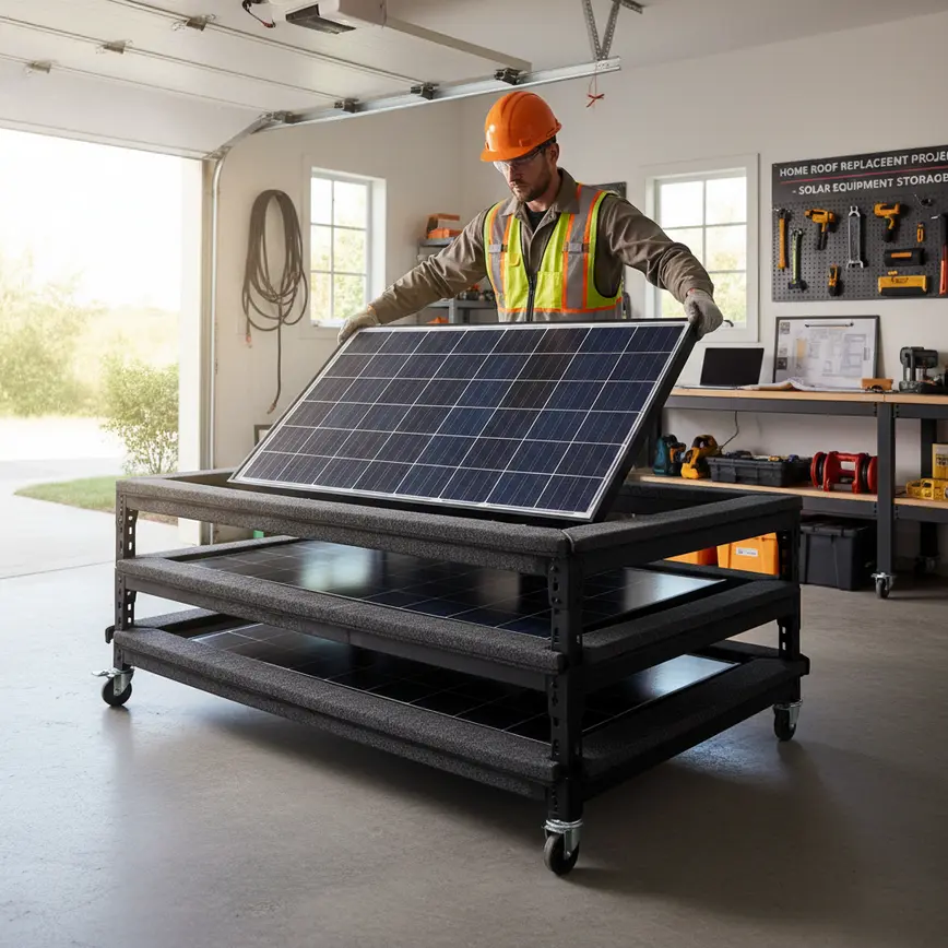 A certified technician carefully placing a solar panel onto a secure storage rack.