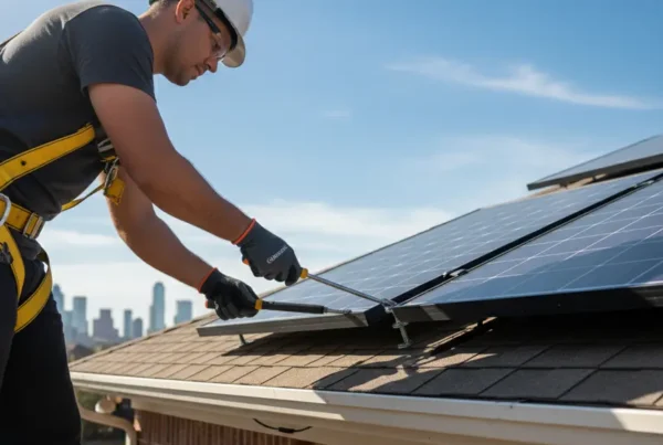 Technician in safety gear performing a solar detach and reset on a residential roof.