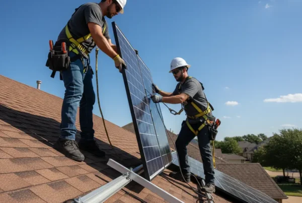 Technicians performing a solar panel detach and reset on a residential roof in DFW.