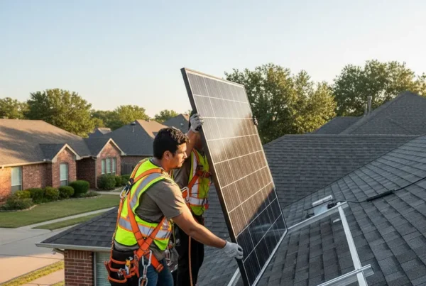 Technicians safely performing a solar panel detach and reset on a residential roof in DeSoto.