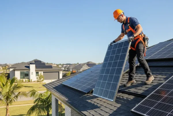Technician performing a solar panel detach and reset on a residential roof in Midlothian.
