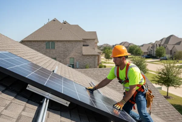 A certified electrician carefully removes a solar panel from a residential roof in Southlake.