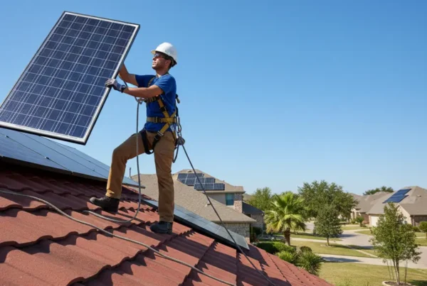 Technician in safety gear performing a solar panel detach and reset on a Texas roof.